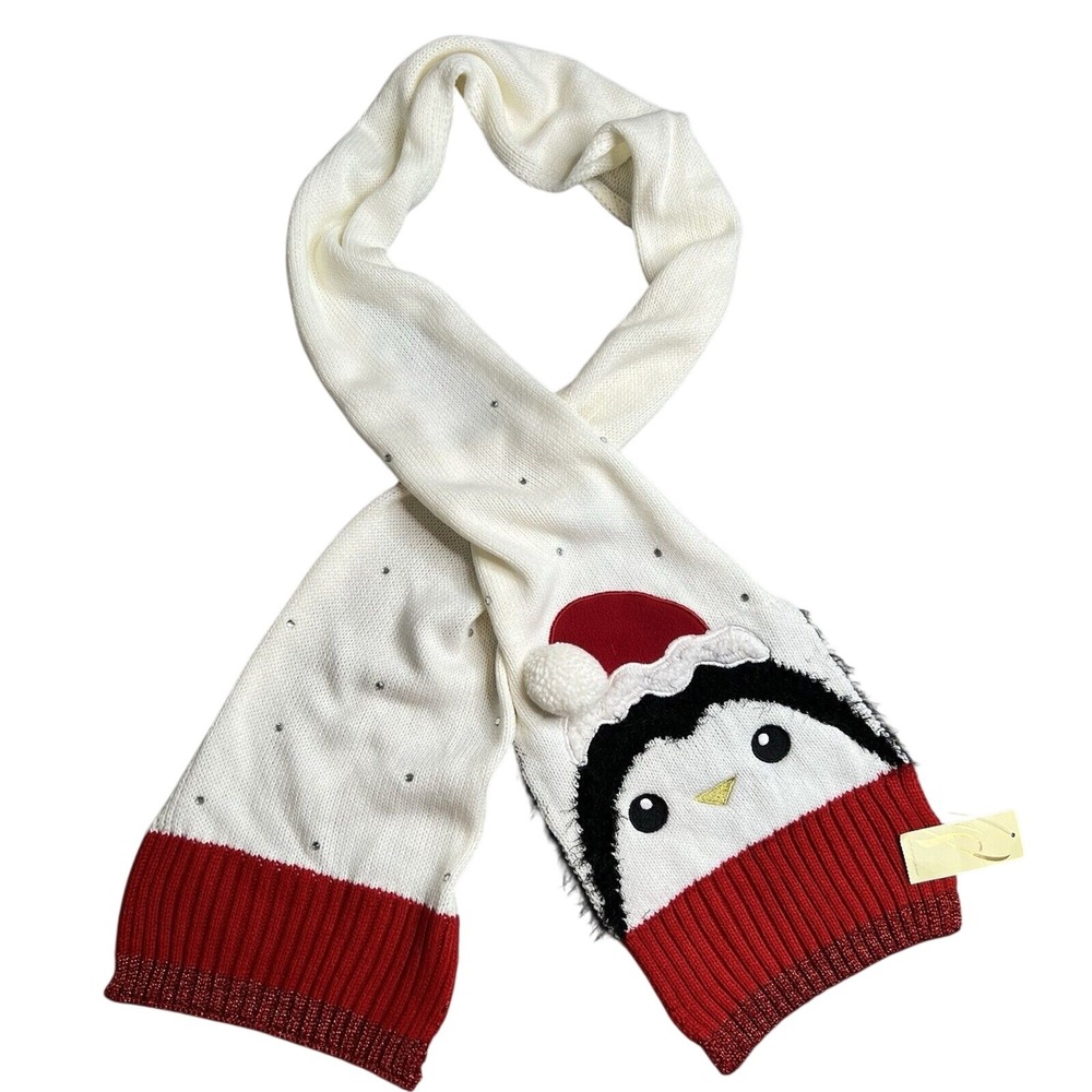 Collection Eighteen Scarf Adult White Red Black Penguin Christmas Holiday Bling